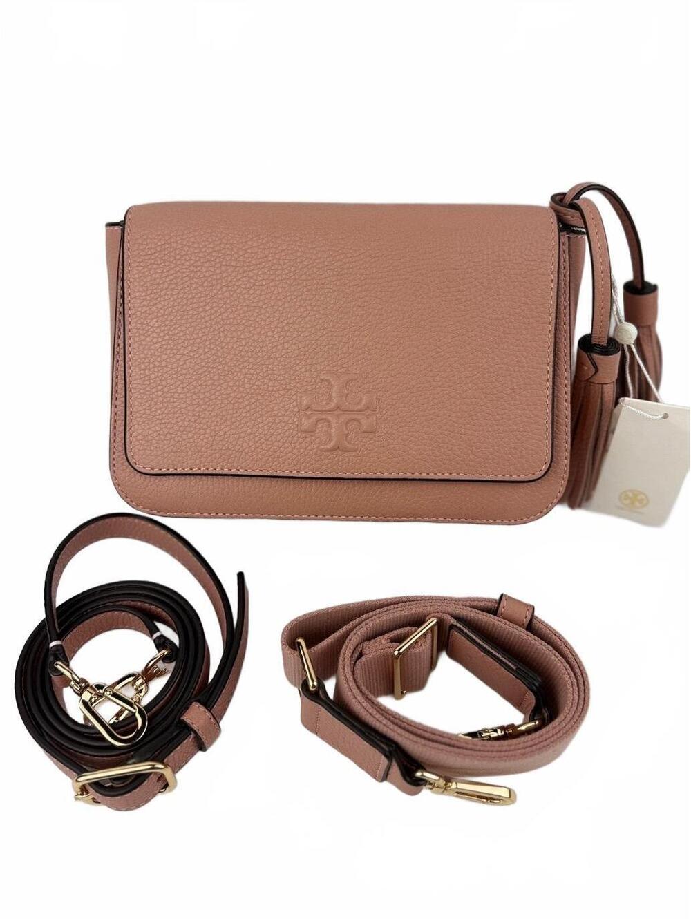 Tory Burch Thea Web Flap Crossbody Pink Moon Leather Tassel Bag $395